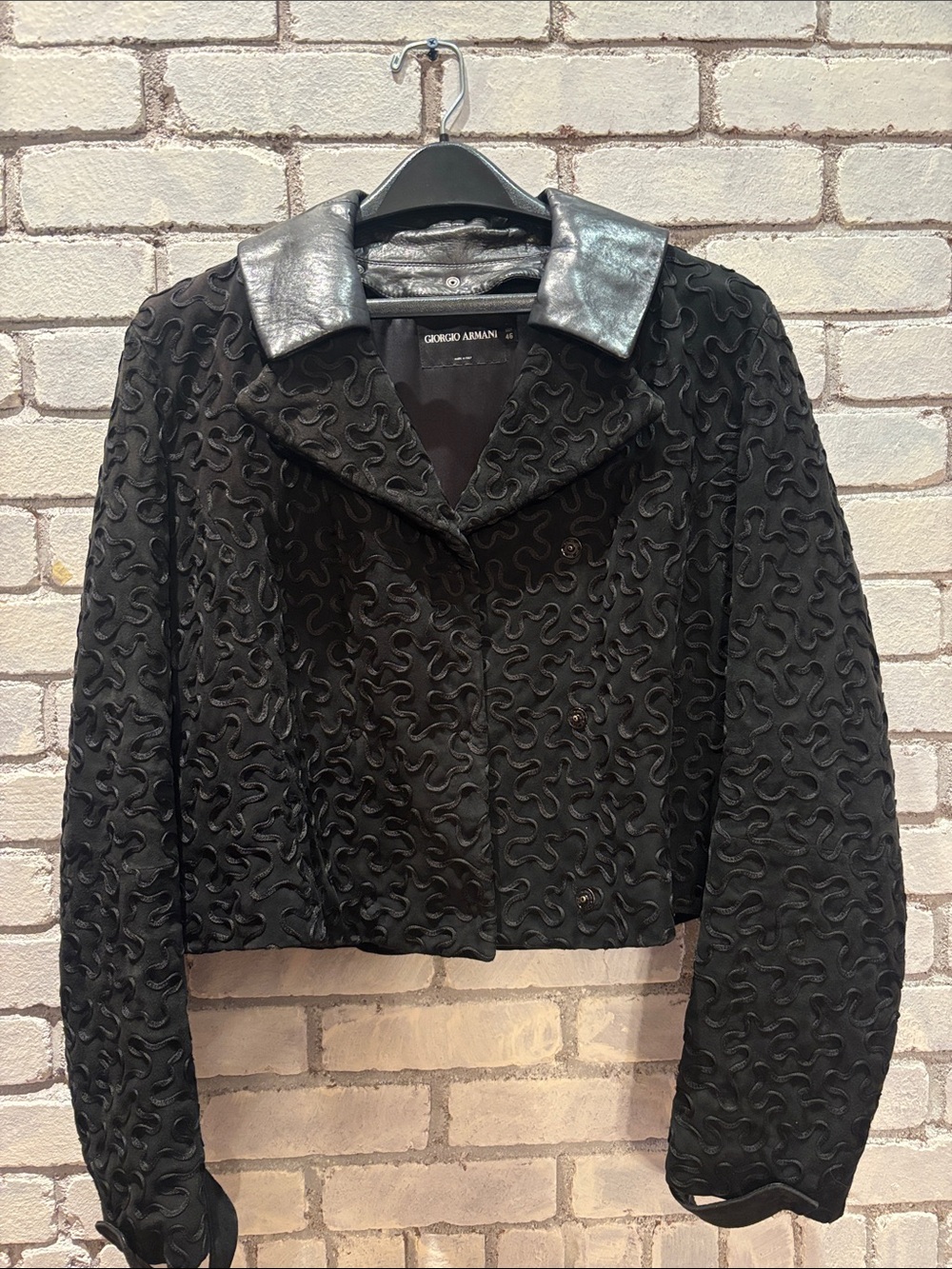 Vintage Giorgio Armani Black Textured Leather Collar Jacket IT 46 Made Italy